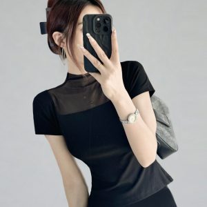 Black High-Neck Mesh Splicing Short-Sleeve T-Shirt for Women, Slim-Fit Cropped Base Layer Top, Waist-Cinching Summer Fashion 2025