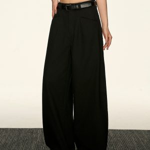 Black High-Waisted Straight-Leg Casual Pants for Women - Vintage Loose Wide-Leg Style for Summer 2025, American 90s Inspired Fashion