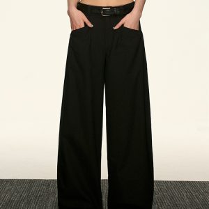 Black High-Waisted Straight-Leg Casual Pants for Women - Vintage Loose Wide-Leg Style for Summer 2025, American 90s Inspired Fashion