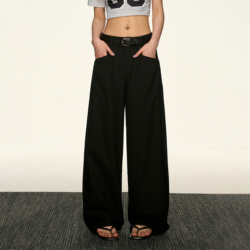 Black High-Waisted Straight-Leg Casual Pants for Women - Vintage Loose Wide-Leg Style for Summer 2025, American 90s Inspired Fashion