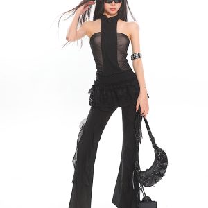 Black High-Waisted Straight-Leg Casual Pants for Women with Flowing Ribbons - Trendy Slimming Style for 90s and Y2K Fashion