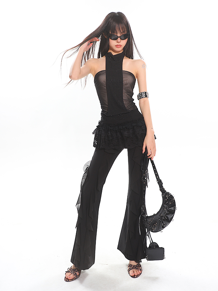 Black High-Waisted Straight-Leg Casual Pants for Women with Flowing Ribbons - Trendy Slimming Style for 90s and Y2K Fashion Black High-Waisted Straight-Leg Casual Pants for Women with Flowing Ribbons - Trendy Slimming Style for 90s and Y2K Fashion