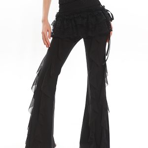 Black High-Waisted Straight-Leg Casual Pants for Women with Flowing Ribbons - Trendy Slimming Style for 90s and Y2K Fashion