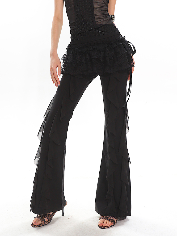 Black High-Waisted Straight-Leg Casual Pants for Women with Flowing Ribbons - Trendy Slimming Style for 90s and Y2K Fashion Black High-Waisted Straight-Leg Casual Pants for Women with Flowing Ribbons - Trendy Slimming Style for 90s and Y2K Fashion
