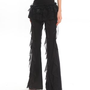 Black High-Waisted Straight-Leg Casual Pants for Women with Flowing Ribbons - Trendy Slimming Style for 90s and Y2K Fashion