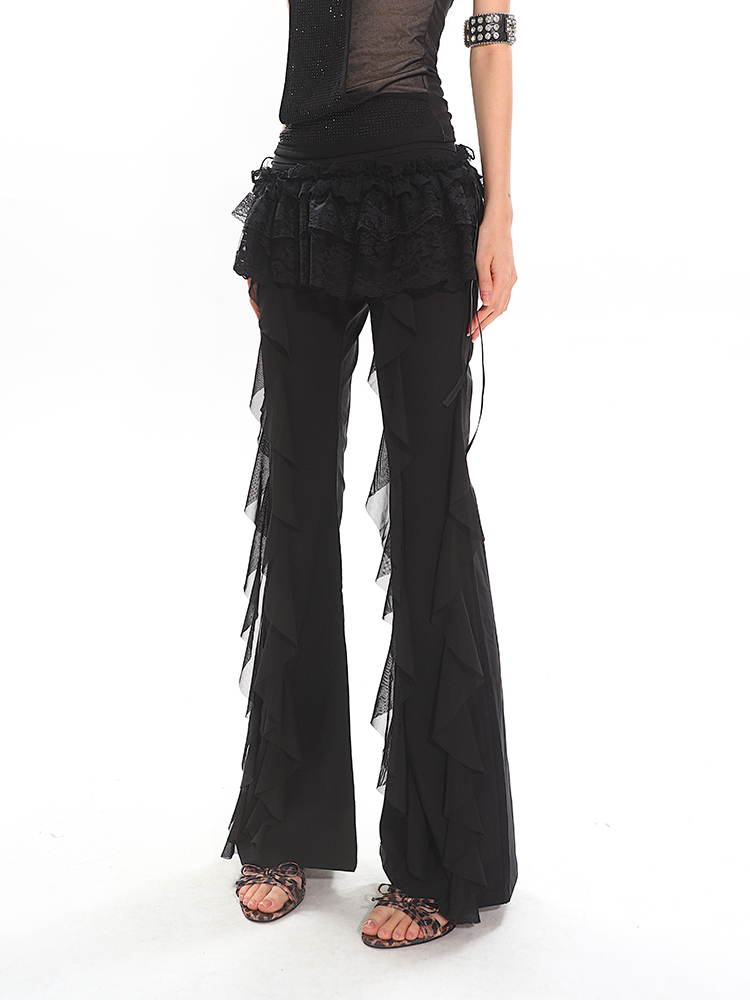 Black High-Waisted Straight-Leg Casual Pants for Women with Flowing Ribbons - Trendy Slimming Style for 90s and Y2K Fashion Black High-Waisted Straight-Leg Casual Pants for Women with Flowing Ribbons - Trendy Slimming Style for 90s and Y2K Fashion