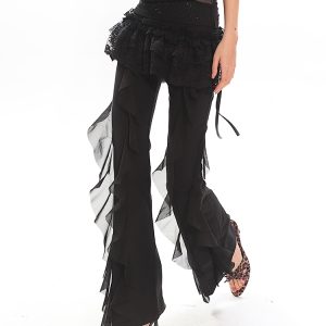 Black High-Waisted Straight-Leg Casual Pants for Women with Flowing Ribbons - Trendy Slimming Style for 90s and Y2K Fashion