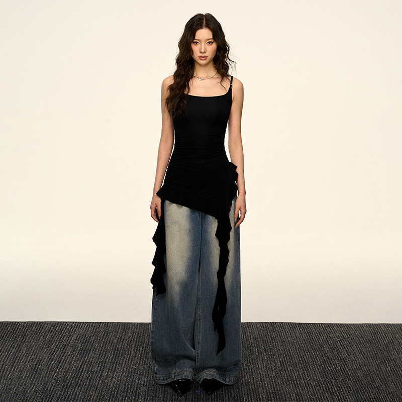 Black Irregular Symmetrical Strap Ruffled Sleeveless Top - Women's Summer Trendy Fashion for Hot Girl Vibes