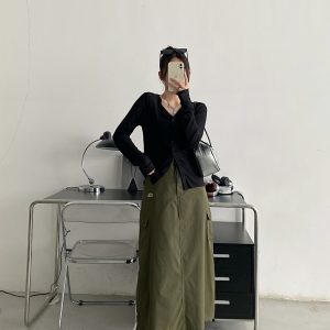 Black Long Sleeve Elastic Waist Cardigan for Women - Flattering Slim-Fit Round Neck Top, Sexy Autumn Layering Essential