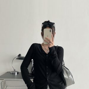 Black Long Sleeve Elastic Waist Cardigan for Women - Flattering Slim-Fit Round Neck Top, Sexy Autumn Layering Essential