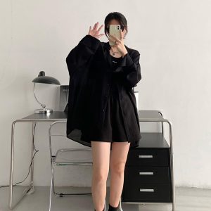Black Long Sleeve Sun Protection Shirt for Women - Thin Loose Korean Style Tencel Jacket Top - Spring Summer Casual Fashion