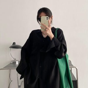 Black Long Sleeve Sun Protection Shirt for Women - Thin Loose Korean Style Tencel Jacket Top - Spring Summer Casual Fashion