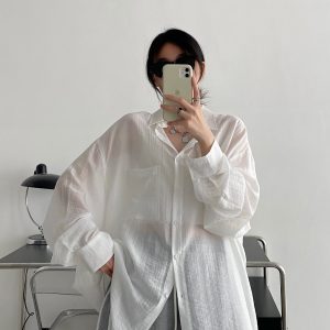 Black Long Sleeve Sun Protection Shirt for Women - Thin Loose Korean Style Tencel Jacket Top - Spring Summer Casual Fashion