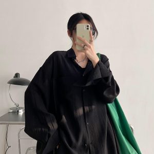 Black Long Sleeve Sun Protection Shirt for Women - Thin Loose Korean Style Tencel Jacket Top - Spring Summer Casual Fashion