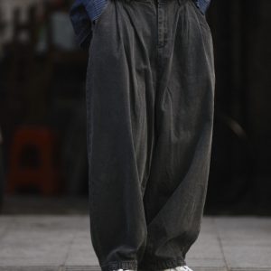 Black Loose-Fitting Retro Wide-Leg Cargo Pants for Men - Casual American Style, Trendy 90s Inspired Straight-Leg Design
