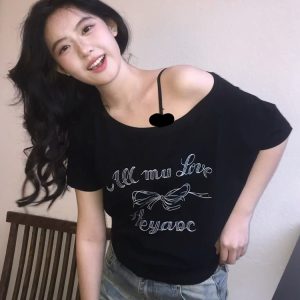 Black Off-Shoulder Bow Print T-Shirt for Women - Summer Casual Loose Short Sleeve Trendy Top