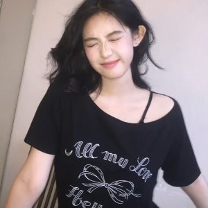 Black Off-Shoulder Bow Print T-Shirt for Women - Summer Casual Loose Short Sleeve Trendy Top