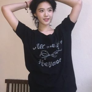 Black Off-Shoulder Bow Print T-Shirt for Women - Summer Casual Loose Short Sleeve Trendy Top