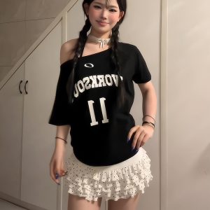 Black Off-Shoulder Short Sleeve Women's T-Shirt - Casual Loose Fit Summer Top with Letter Print - Sexy American Style Fashion