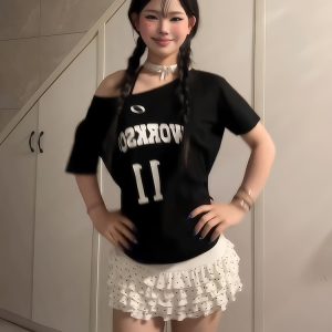 Black Off-Shoulder Short Sleeve Women's T-Shirt - Casual Loose Fit Summer Top with Letter Print - Sexy American Style Fashion