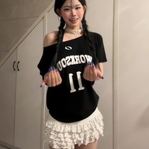 Black Off-Shoulder Short Sleeve Women's T-Shirt - Casual Loose Fit Summer Top with Letter Print - Sexy American Style Fashion