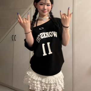 Black Off-Shoulder Short Sleeve Women's T-Shirt - Casual Loose Fit Summer Top with Letter Print - Sexy American Style Fashion