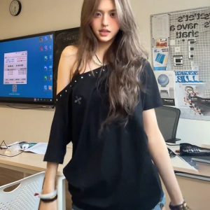 Black Off-Shoulder Women's Summer T-Shirt with Orange Rhinestone Design, Loose Fit Trendy Top, American Style Fashion Essentials