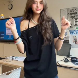 Black Off-Shoulder Women's Summer T-Shirt with Orange Rhinestone Design, Loose Fit Trendy Top, American Style Fashion Essentials