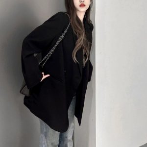 Black Oversized Women's Suit Jacket - High-End Casual Blazer for Spring & Autumn 2025, Trendy Niche Silhouette