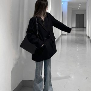 Black Oversized Women's Suit Jacket - High-End Casual Blazer for Spring & Autumn 2025, Trendy Niche Silhouette