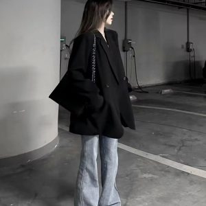 Black Oversized Women's Suit Jacket - High-End Casual Blazer for Spring & Autumn 2025, Trendy Niche Silhouette