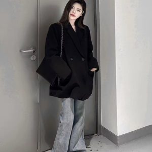 Black Oversized Women's Suit Jacket - High-End Casual Blazer for Spring & Autumn 2025, Trendy Niche Silhouette