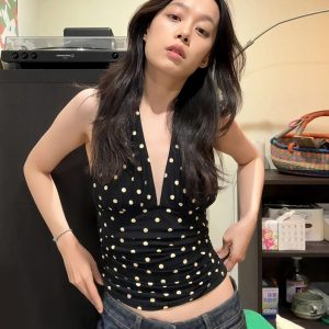 Black Polka Dot Halter Neck Sleeveless Top for Women - V-Neck, Slim Fit, Trendy Summer Outfit, Flattering Style for Hot Girls