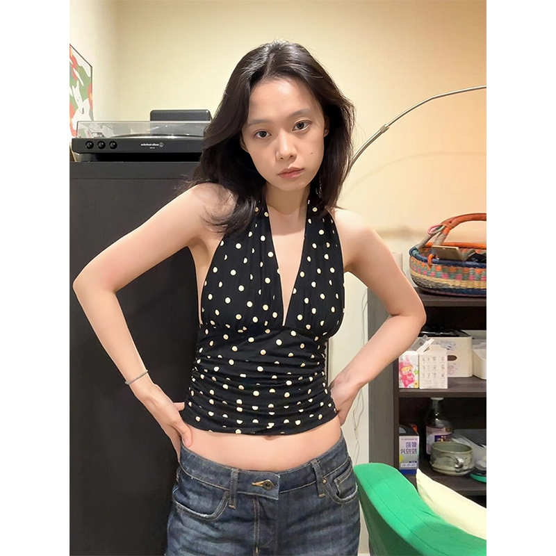 Black Polka Dot Halter Neck Sleeveless Top for Women - V-Neck, Slim Fit, Trendy Summer Outfit, Flattering Style for Hot Girls