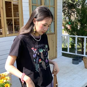 Black Retro Shoulder T-Shirt for Women - Vintage All Things and Songs Summer Loose Fit Short Sleeve Top, 90s Inspired Style