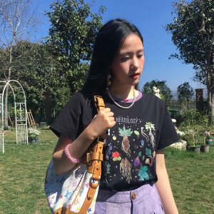 Black Retro Shoulder T-Shirt for Women - Vintage All Things and Songs Summer Loose Fit Short Sleeve Top, 90s Inspired Style