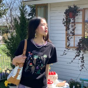 Black Retro Shoulder T-Shirt for Women - Vintage All Things and Songs Summer Loose Fit Short Sleeve Top, 90s Inspired Style