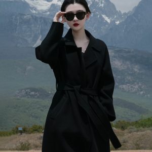 Black Reversible Cashmere Coat for Women - Elegant Mid-Length Bathrobe-Style Outerwear for 2024 Autumn/Winter, Korean Style