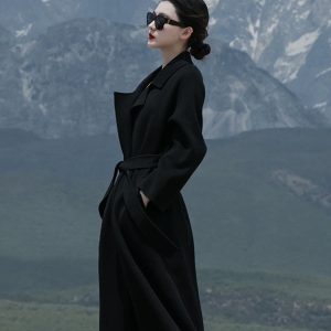 Black Reversible Cashmere Coat for Women - Elegant Mid-Length Bathrobe-Style Outerwear for 2024 Autumn/Winter, Korean Style