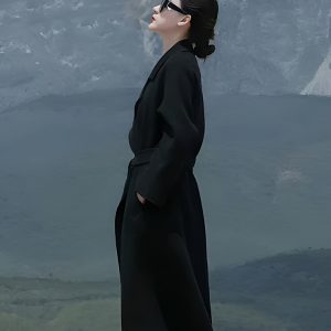 Black Reversible Cashmere Coat for Women - Elegant Mid-Length Bathrobe-Style Outerwear for 2024 Autumn/Winter, Korean Style