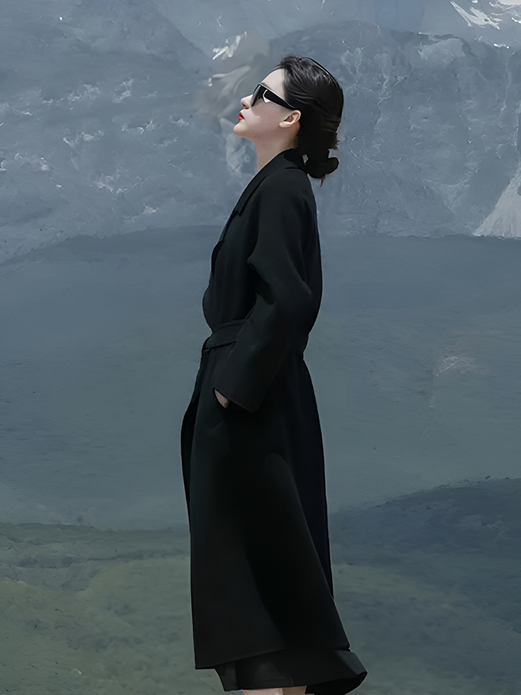 Black Reversible Cashmere Coat for Women - Elegant Mid-Length Bathrobe-Style Outerwear for 2024 Autumn/Winter, Korean Style Black Reversible Cashmere Coat for Women - Elegant Mid-Length Bathrobe-Style Outerwear for 2024 Autumn/Winter, Korean Style