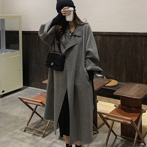 Black Reversible Cashmere Coat for Women - Elegant Mid-Length Bathrobe-Style Outerwear for 2024 Autumn/Winter, Korean Style