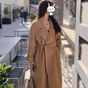 Black Reversible Cashmere Coat for Women - Elegant Mid-Length Bathrobe-Style Outerwear for 2024 Autumn/Winter, Korean Style