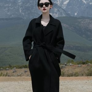 Black Reversible Cashmere Coat for Women - Elegant Mid-Length Bathrobe-Style Outerwear for 2024 Autumn/Winter, Korean Style