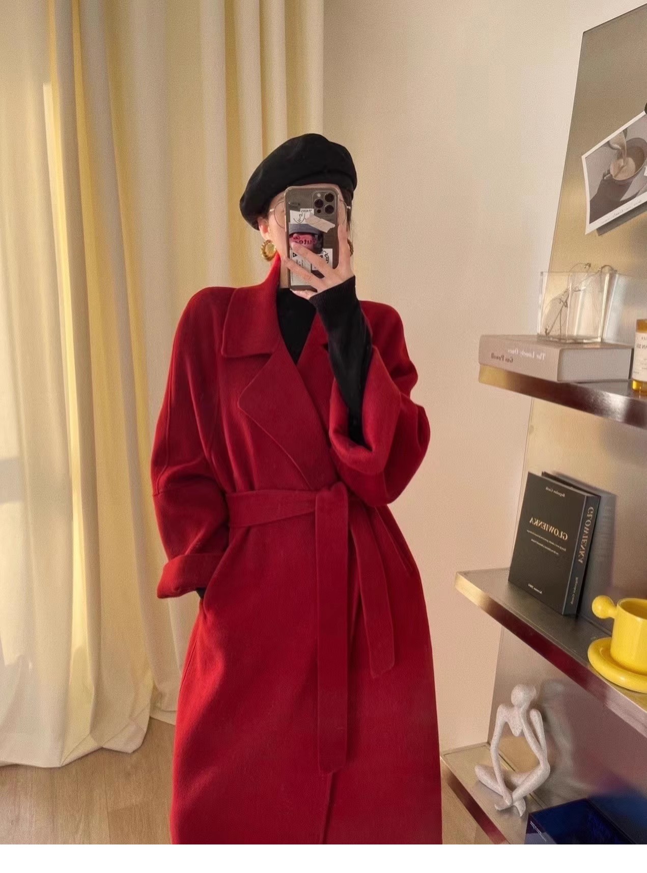 Black Reversible Cashmere Coat for Women - Elegant Mid-Length Bathrobe-Style Outerwear for 2024 Autumn/Winter, Korean Style Black Reversible Cashmere Coat for Women - Elegant Mid-Length Bathrobe-Style Outerwear for 2024 Autumn/Winter, Korean Style