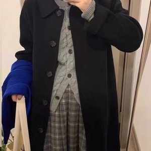 Black Reversible Cashmere Coat for Women - High-End Wool Outerwear for Autumn & Winter 2024, Petite Sizes, Stylish and Versatile