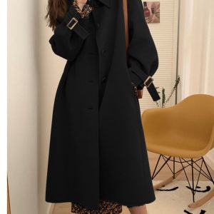 Black Reversible Cashmere Coat for Women - High-End Wool Outerwear for Autumn & Winter 2024, Petite Sizes, Stylish and Versatile