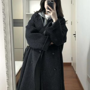 Black Reversible Cashmere Coat for Women - Mid-Length, High-End Korean Style Woolen Outerwear for Autumn & Winter, Perfect for Petites