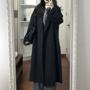 Black Reversible Cashmere Coat for Women - Mid-Length, High-End Korean Style Woolen Outerwear for Autumn & Winter, Perfect for Petites
