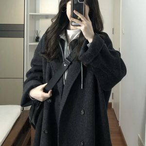 Black Reversible Cashmere Coat for Women - Mid-Length, High-End Korean Style Woolen Outerwear for Autumn & Winter, Perfect for Petites